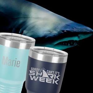 Two Matching Personalized Shark Tumblers 30 oz. Sorry I can't it's Shark Week